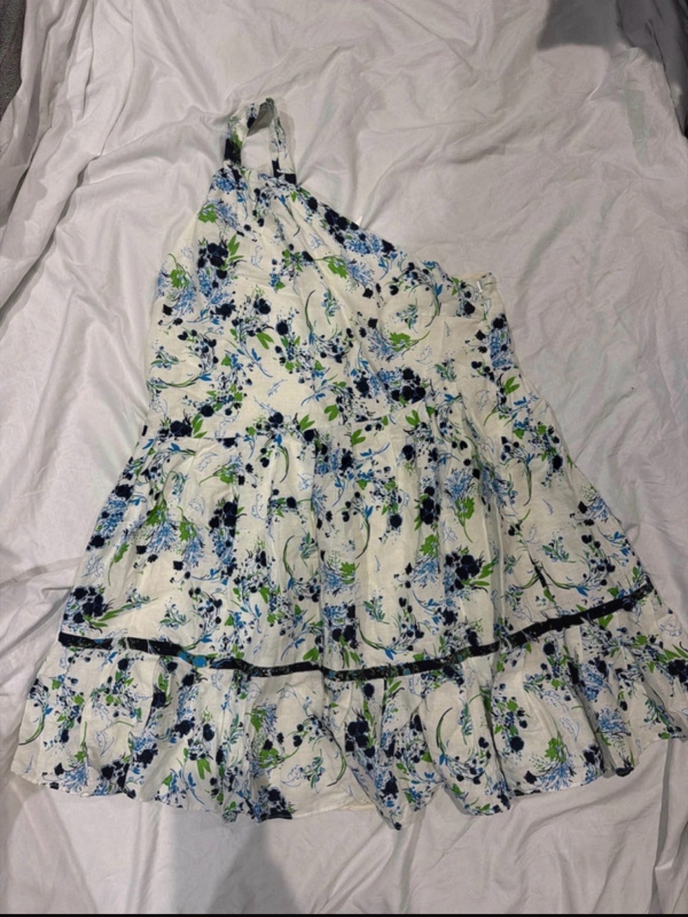 Free People White One-Shoulder Floral Dress with Blue and Green Print